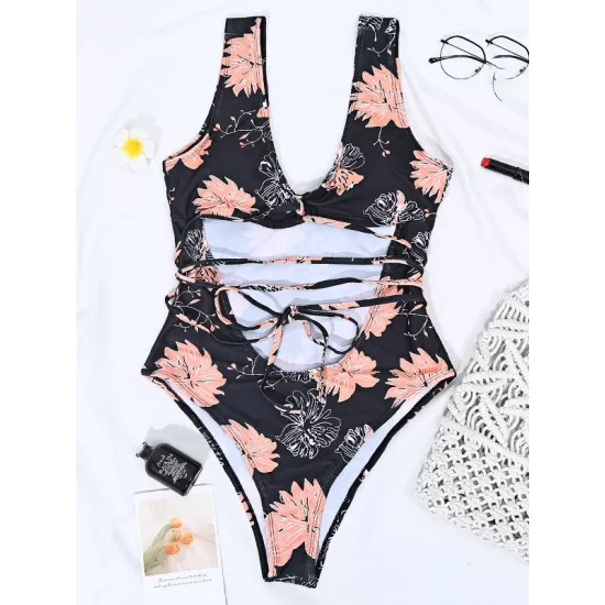 Floral Print Bandage Hollow Backless Sexy Slim One-Piece Swimwear