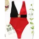 Deep V-Neck Color-Block Metal Button Sexy Slim One-Piece Swimwear