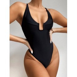 Sexy U-Neck Solid Color One-Piece Swimwear