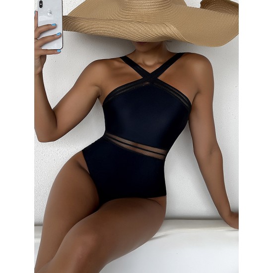 Solid Color See-Through Backless One-Piece Swimwear