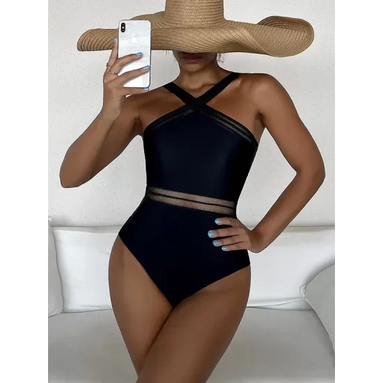 Solid Color See-Through Backless One-Piece Swimwear