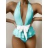 Plunging Contrast Color Bandage Falbala One-Piece Swimwear