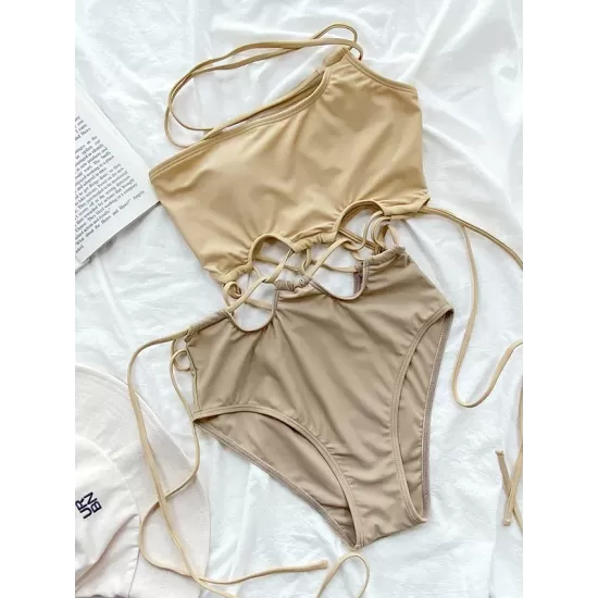 Beige One-Shoulder Drawstring Hollow One-Piece Swimsuit