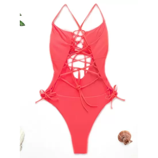 Fluorescent Color Spaghetti-Neck Hollow Bandage One-Piece Swimwear