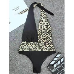 Leopard Print Split-Joint Asymmetric High-Neck One-Piece Swimwear