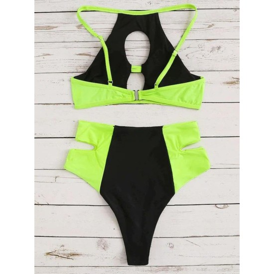 Patchwork Hollow Split Bikini Swimsuit