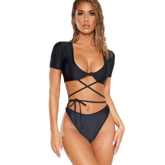 Short Sleeves Bandage Split Bikini Swimsuit