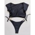 Solid Color Half Sleeve Bandage Split Bikini Swimsuit