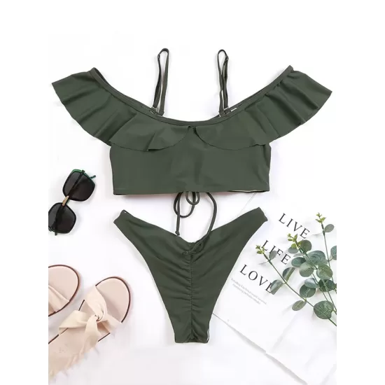 Solid Color Off-The-Shoulder Flared Sleeves Split Bikini Swimsuit