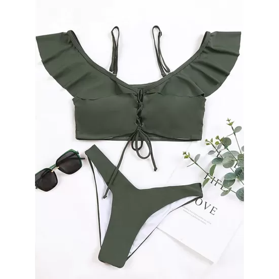 Solid Color Off-The-Shoulder Flared Sleeves Split Bikini Swimsuit