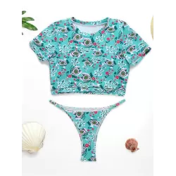 Floral-Print Short Sleeve Split Handsome Wetsuit