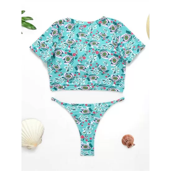 Floral-Print Short Sleeve Split Handsome Wetsuit