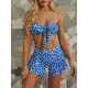 Split Tankini Swimsuit Floral-Print Knotted Bandeau+Falbala Swimming Pants