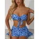 Split Tankini Swimsuit Floral-Print Knotted Bandeau+Falbala Swimming Pants