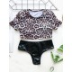 Leopard Print Color-Block Short Sleeve Split Bikini Swimsuit