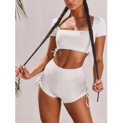 Solid Color Short Sleeve Sporty Split Tankini Swimsuit