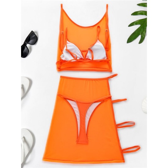 Solid Color Split Bikini Swimsuit+See-Through Split Cover-Ups Four Piece Set