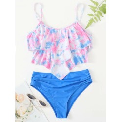 Gradient Printed Falbala Tiered Split Tankini Swimsuit