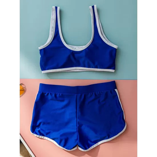 Solid Color Split-Joint U-Neck Vest Sporty Split Tankini Sweartsuit