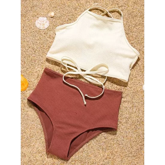 Sleeveless Solid Color Bandage High-Waisted Tankini Swimwear