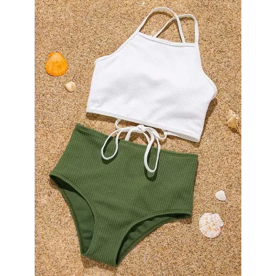 Sleeveless Solid Color Bandage High-Waisted Tankini Swimwear