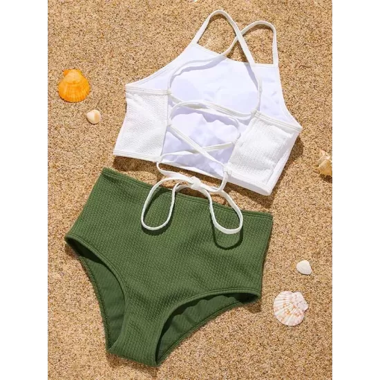 Sleeveless Solid Color Bandage High-Waisted Tankini Swimwear