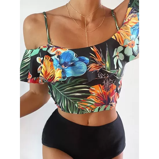 Off-The-Shoulder Floral Falbala Tank High-Waisted Bikini Swimwear