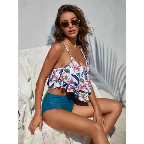 Spaghetti-Neck Floral Split-Joint Falbala High-Waisted Tankini Swimwear