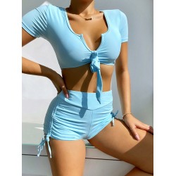 Simple Short Sleeve Bandage High-Waisted Drawstring Briefs Tankini Swimwear