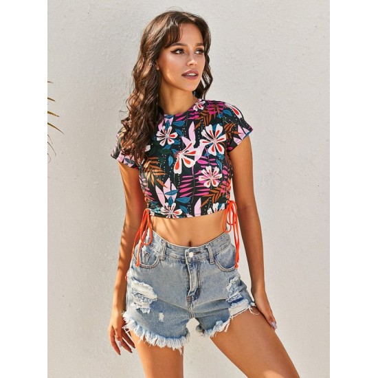 Short Sleeve Floral Drawstring Padded Tie Side Tankini Swimwear