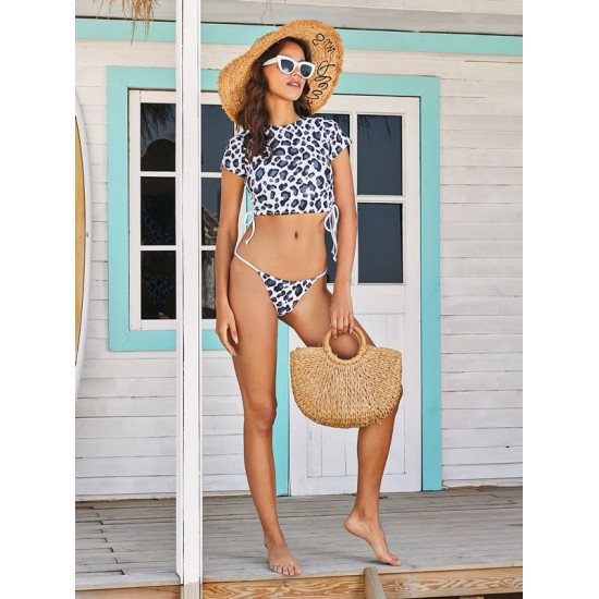 Short Sleeve Drawstring Padded Tie Side Leopard Tankini Swimwear