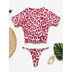 Animal Printing Round-Neck Short Sleeve Brazilian Tankini Swimwear