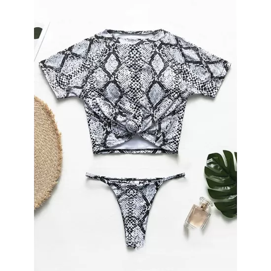 Animal Printing Round-Neck Short Sleeve Brazilian Tankini Swimwear