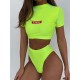 Short-Sleeves Solid Color High-Waist Slim Tankini Swimwear