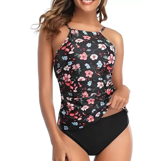 Floral Printed Halterneck High-Waisted Tankini Swimsuit