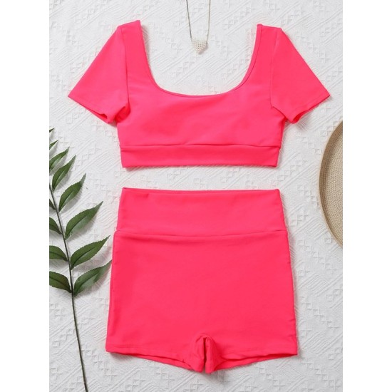 Solid Color Short-Sleeves High-Waisted Tankini Swimwear