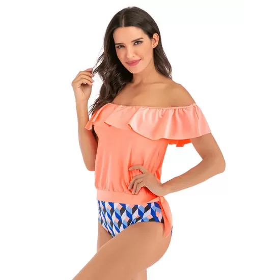 One-Shoulder Floral Printed High-Waisted Tankini Swimwear