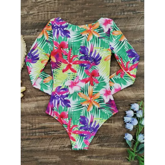 Fashion Floral Print Zipper Sexy  One-Piece Wetsuit Swimwear