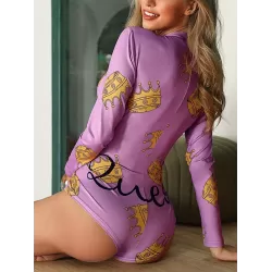 Crown-Print V-Neck Long Sleeve One-Piece Wetsuit Swimwear