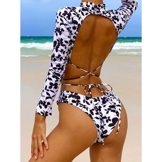 Sexy Backless Lace-Up Floral-Printed Wetsuits