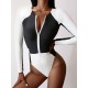 Rash Guards Color-Block Long Sleeve Zipper One-Piece Swimwear