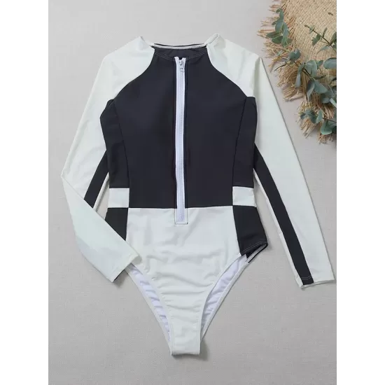 Rash Guards Color-Block Long Sleeve Zipper One-Piece Swimwear