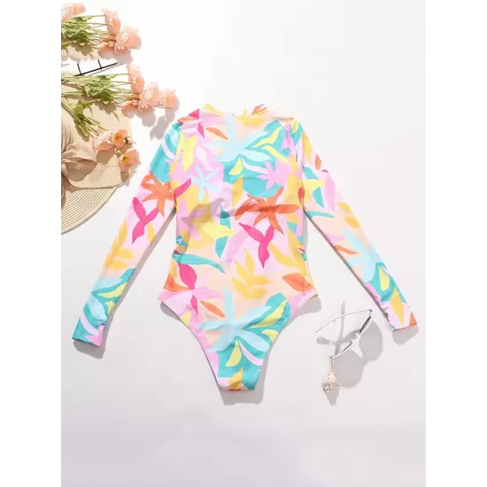 Long Sleeve Printed Zipper One-Piece Wetsuit Swimwear