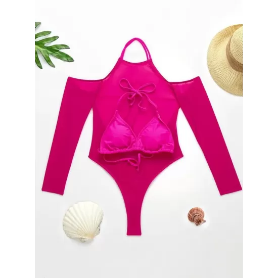 Solid Color See-Through Gauze Wetsuits+Triangles Swim Top