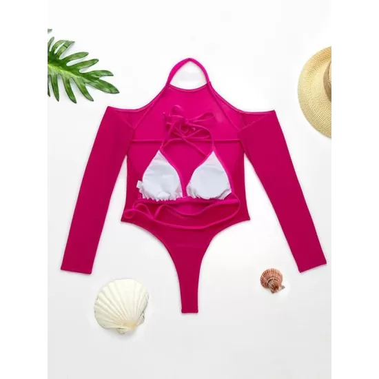 Solid Color See-Through Gauze Wetsuits+Triangles Swim Top