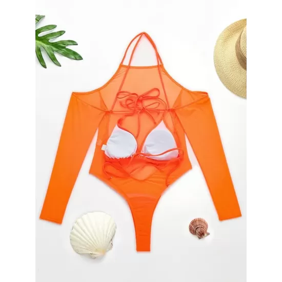 Solid Color See-Through Gauze Wetsuits+Triangles Swim Top