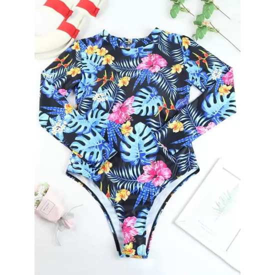 Long Sleeve Floral Print Backless One-Piece Wetsuit Swimwear