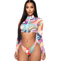 Geometric Print Long Sleeve Zipper Hipster Rash Guard Swimwear