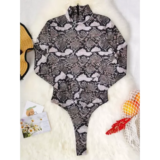 Floral Snake Print Long Sleeve Zipper Wetsuit Swimwear