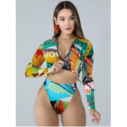 Long Sleeve Print Zipper Wetsuit High-Waisted Split Rash Guards